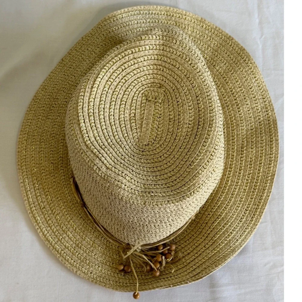 Vintage Tommy Bahama Womens Floppy Straw Sun Hat Gold Metallic Beads Tan Rare‎